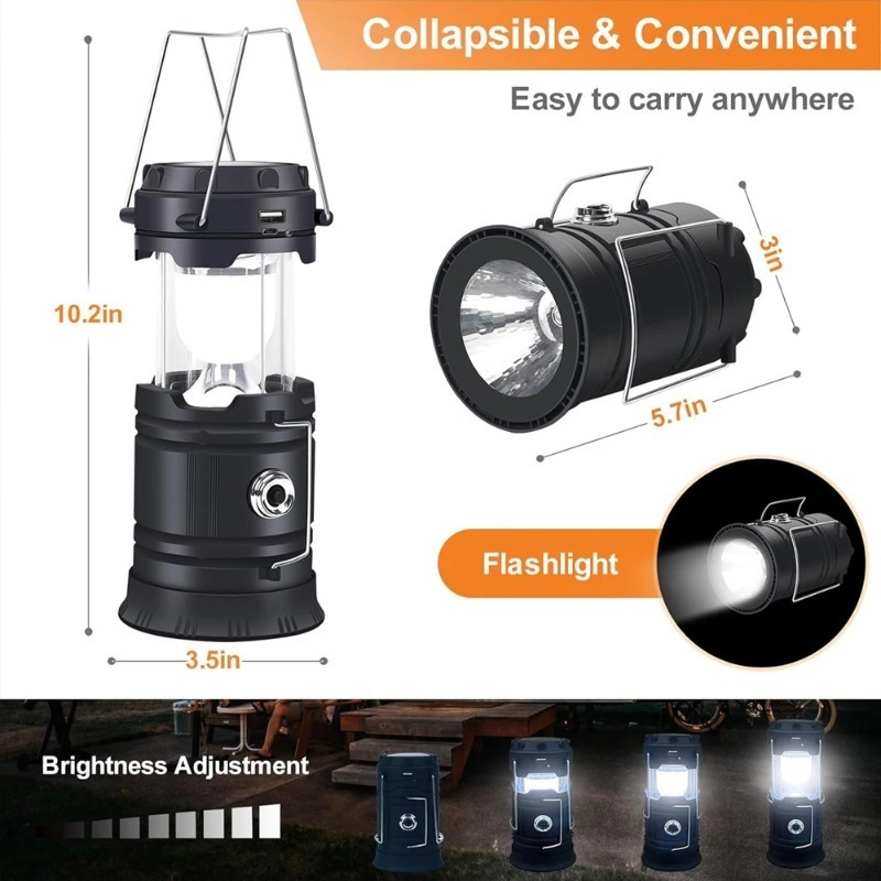 Camping Solar Lantern - Zonne-campinglantaarn, oplaadbaar via USB, draagbaar, hangend,