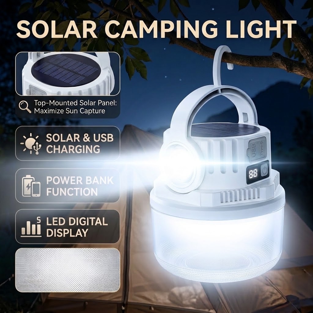 Camping Solar Lantern - Zonne-campinglamp met dubbele lichtbron, draagbare LED-nachtlamp,
